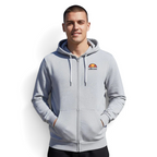 Ellesse Miletto Full-Zip Hoodie Men's in light grey, front view being worn by a model showing the full zipper, drawcord hood, split kangaroo pockets, and Ellesse logo on the chest.