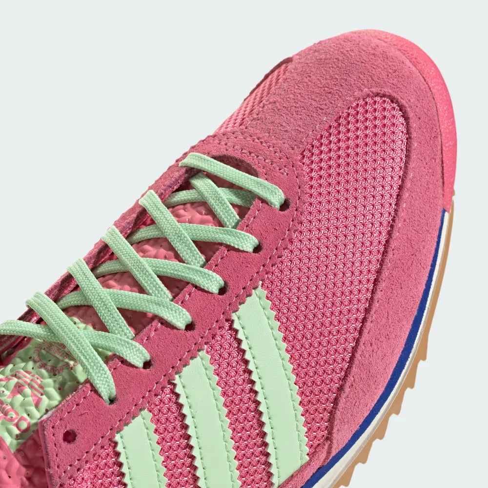 A close-up of the fine nylon weave and the precision-stitched suede reinforcements around the toe box.