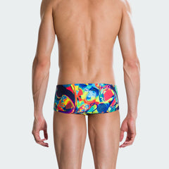 Speedo Men's 14cm swimming brief in multi-color Blast Boom print, back view highlighting seamless design and coverage.