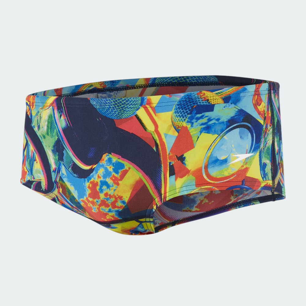 Speedo Men's 14cm swimming brief in multi-colour Blast Boom digital print, front view showing contoured fit and drawstring.