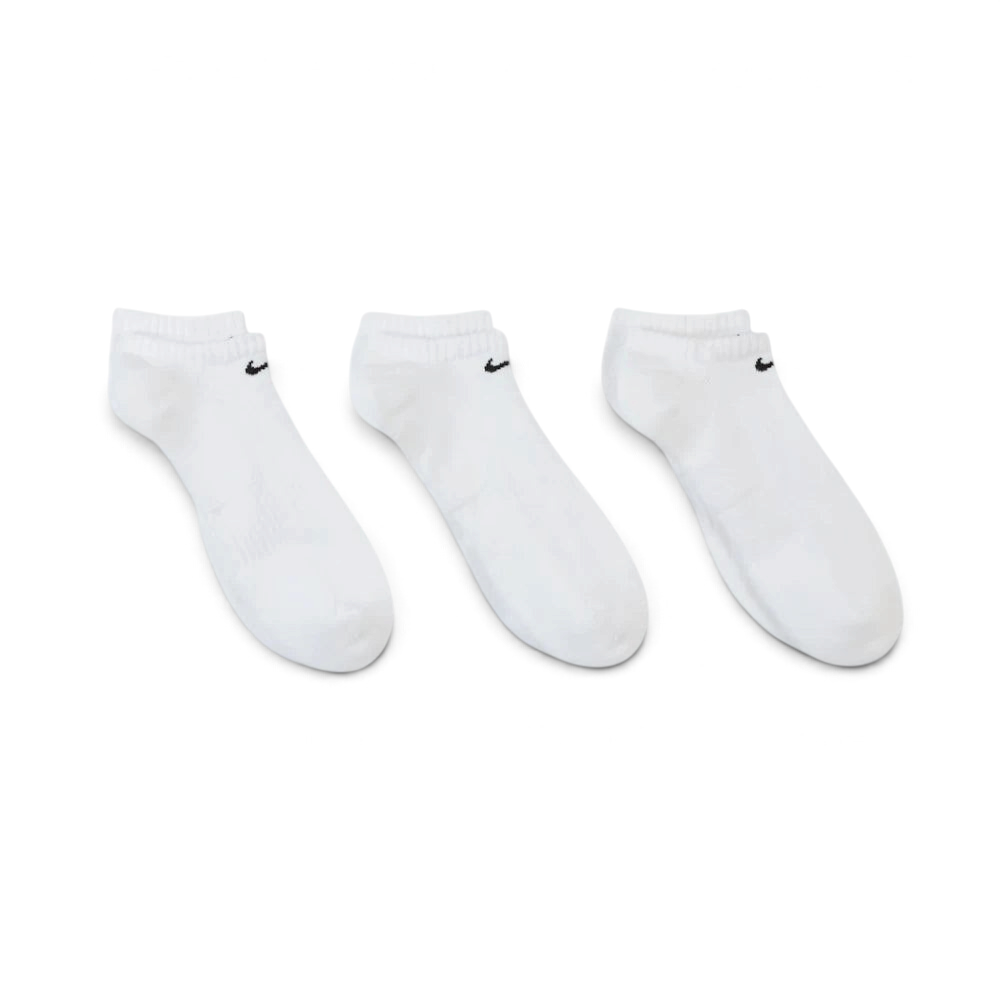 Looking down at the three pairs laid out, showcasing the uniform white knit and the ribbed arch band detail.