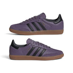 Two purple Adidas Samba sneakers shown from the side against a white background, featuring black three-stripes, black heel tab, and brown gum soles.