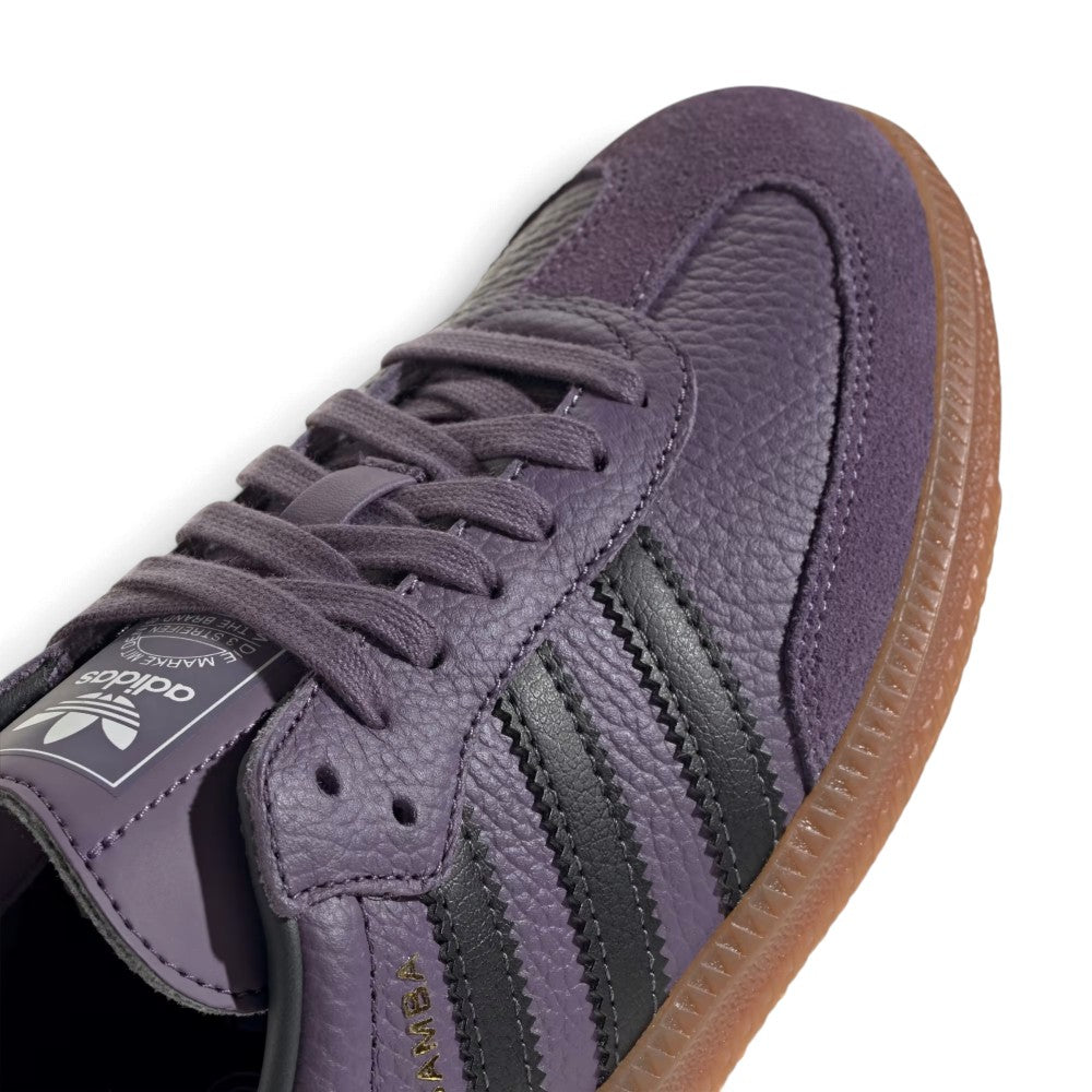 Zoom Looking at the Front of the Shoes and Laces: Macro focus on the perforated toe box area, suede mudguard overlay, and purple flat athletic laces.   