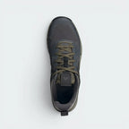 Focuses on the locked-in traditional lacing layout, displaying the perfect symmetry of the textile mesh tongue, the high-tension eyelets, and the smooth protective arc of the dark moulded toe cap guarding the front box.
