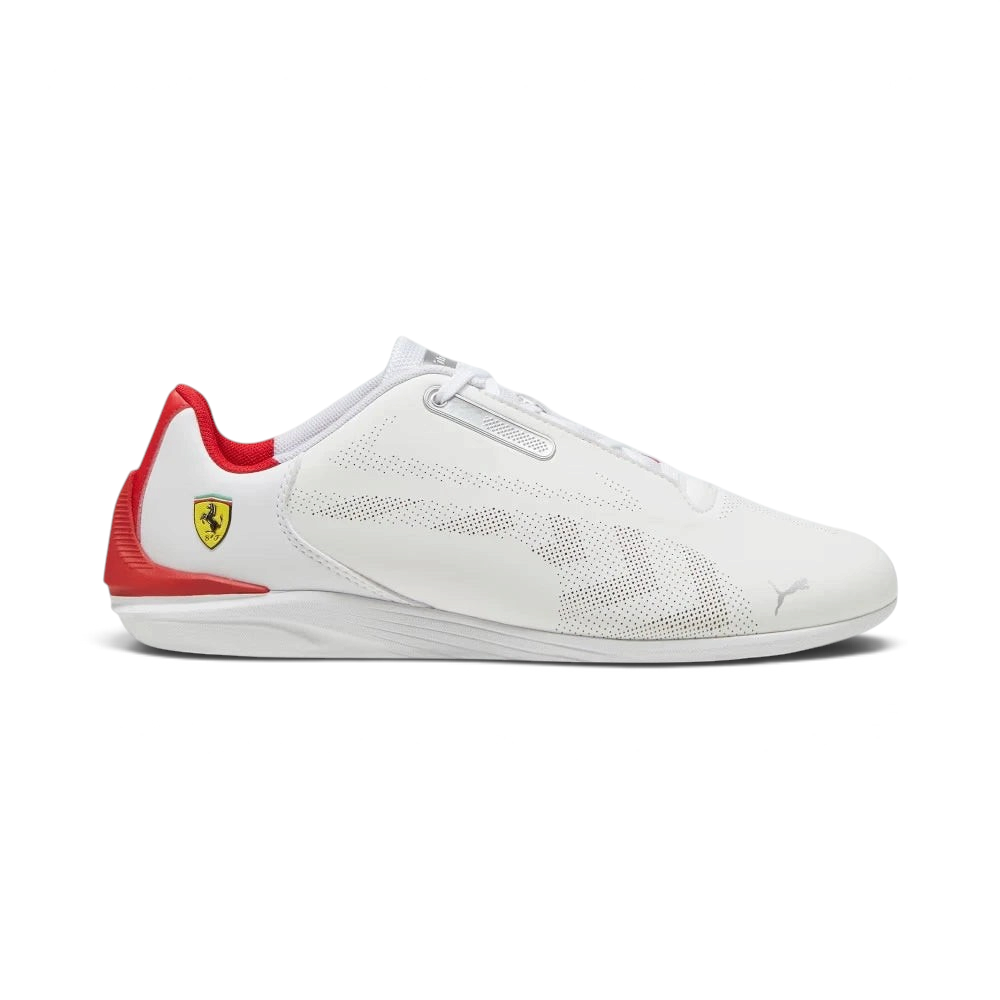 Highlights the high-velocity Race Red PUMA Formstrip slashing across the professional depth of the PUMA White synthetic upper and the embedded Ferrari Scudetto badge shield. Main image