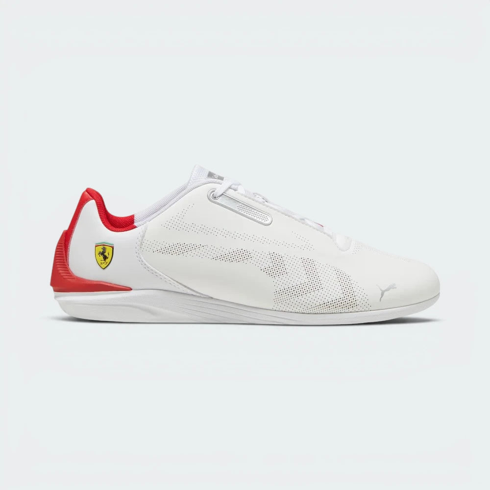 Highlights the high-velocity Race Red PUMA Formstrip slashing across the professional depth of the PUMA White synthetic upper and the embedded Ferrari Scudetto badge shield.