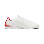 White sneaker with red accents on a light gray background