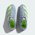 Focuses on the "locked-in" lacing system and the high-visibility Adidas branding on the Celermesh upper.
