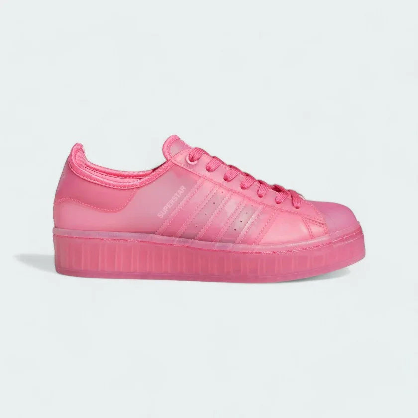 Adidas Originals Superstar Jelly Women's trainers in clear translucent material with white accents, side profile showing iconic 3-Stripes and shell toe. Main image