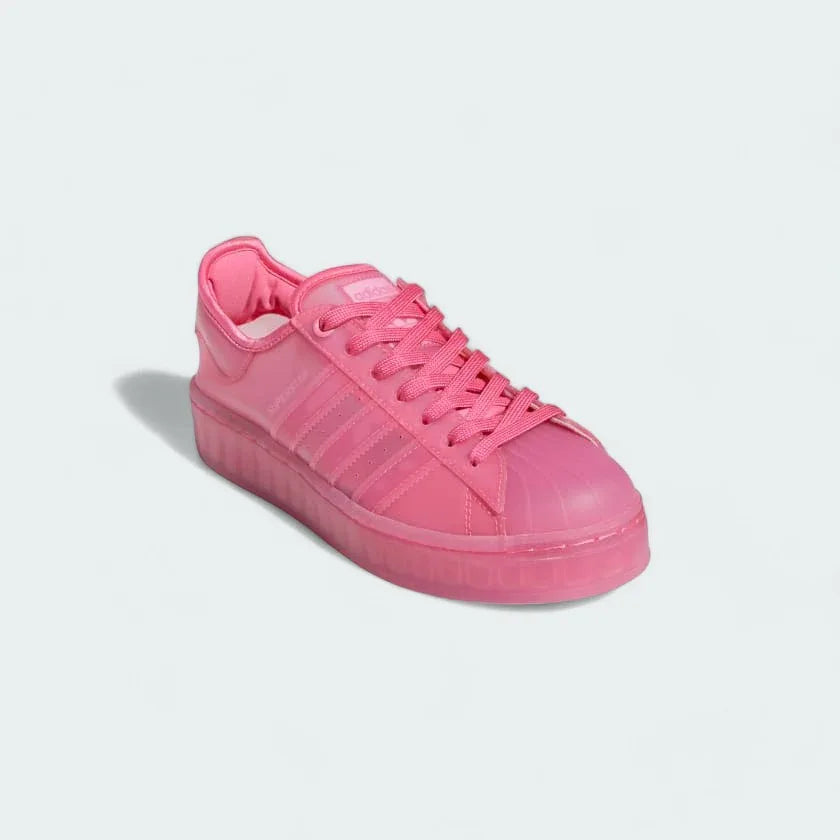 Close-up zoom on the front of the Adidas Originals Superstar Jelly Women's clear trainers, showing the iconic rubber shell toe and translucent upper texture.