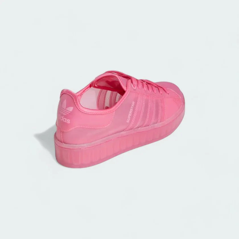 Rear view of the Adidas Originals Superstar Jelly Women's clear trainers, focusing on the translucent heel tab with Adidas branding.
