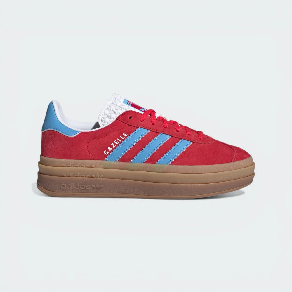 The Active Pink Gazelle Bold, highlighting the unique triple-stacked white platform sole and blue stripes.