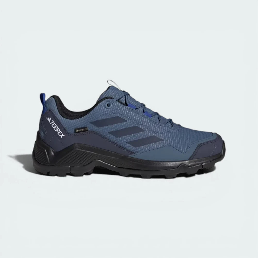 Side profile of the Wonder Steel Adidas Terrex, highlighting the GORE-TEX branding and the vibrant Semi Lucid Blue accents. Main image