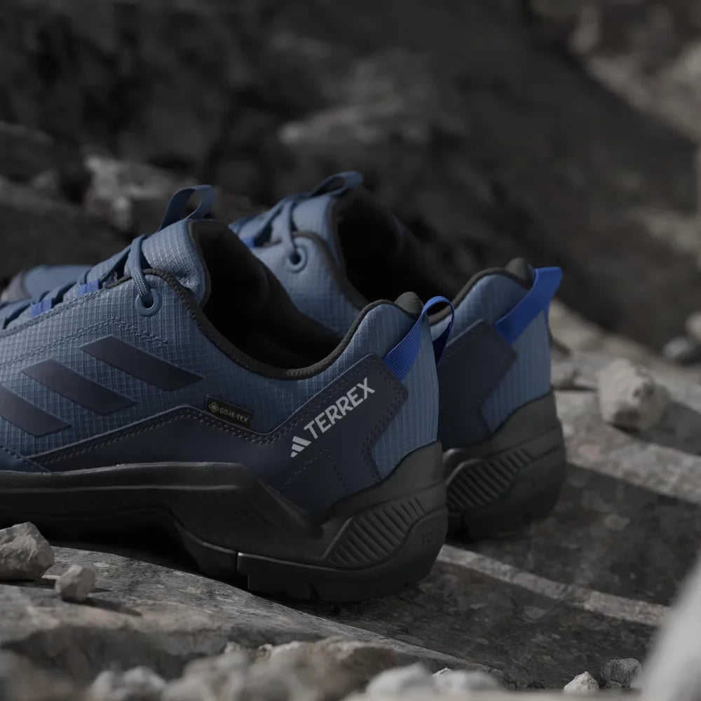 Blue Adidas Terrex hiking shoes on a rocky surface