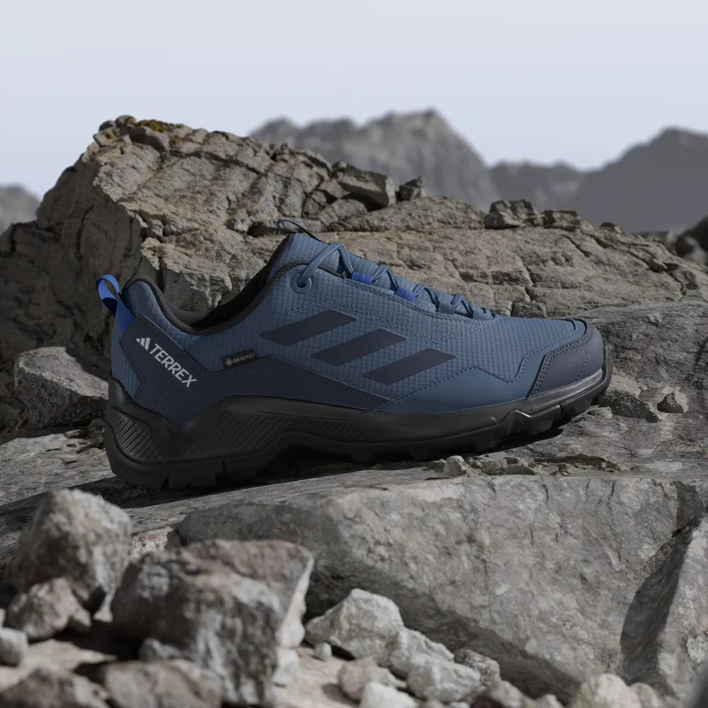 Blue Adidas Terrex hiking shoe on a rocky surface with mountains in the background