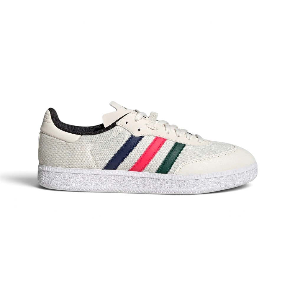 Side Profile Image: The Chalk White Velosamba, highlighting the multicolour 3-Stripes and the recessed cleat area in the white outsole. Main image