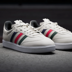 Angle View Showing Both Pair Side by Side: Emphasizing the classic Samba T-toe and the high-visibility stripes.