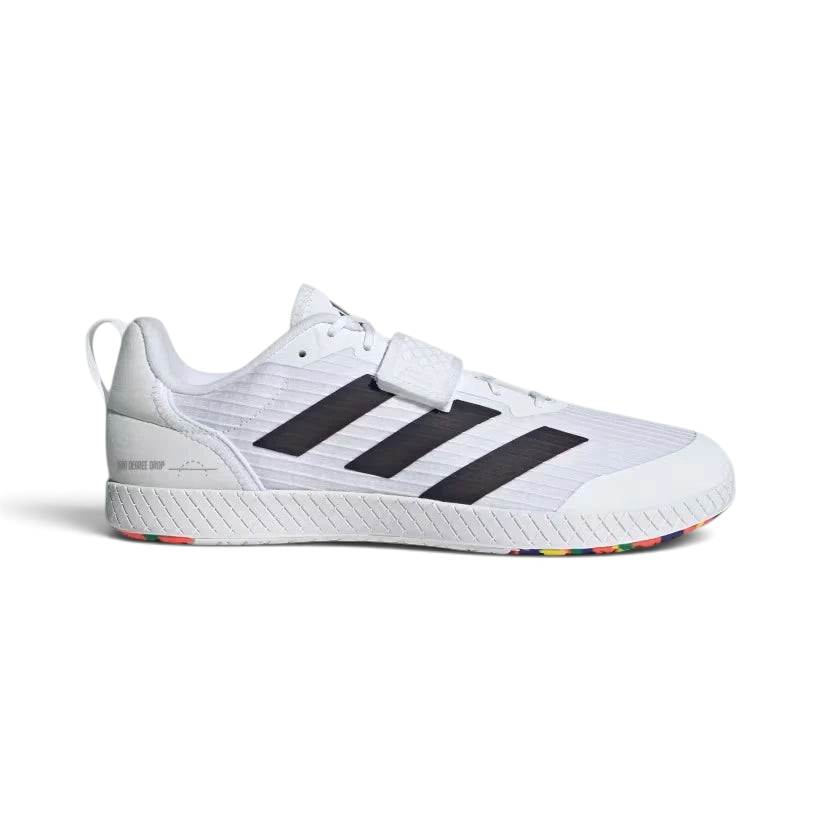 Highlights the high-velocity sweep of the Core Black 3-Stripes branding, showing the professional, clean texture of the Cloud White textile body, the broad hook-and-loop strap crossing the midfoot, and the completely flat, low-to-the-ground zero-drop profile line accented with Grey Two panels. Main image