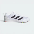 Highlights the high-velocity sweep of the Core Black 3-Stripes branding, showing the professional, clean texture of the Cloud White textile body, the broad hook-and-loop strap crossing the midfoot, and the completely flat, low-to-the-ground zero-drop profile line accented with Grey Two panels.