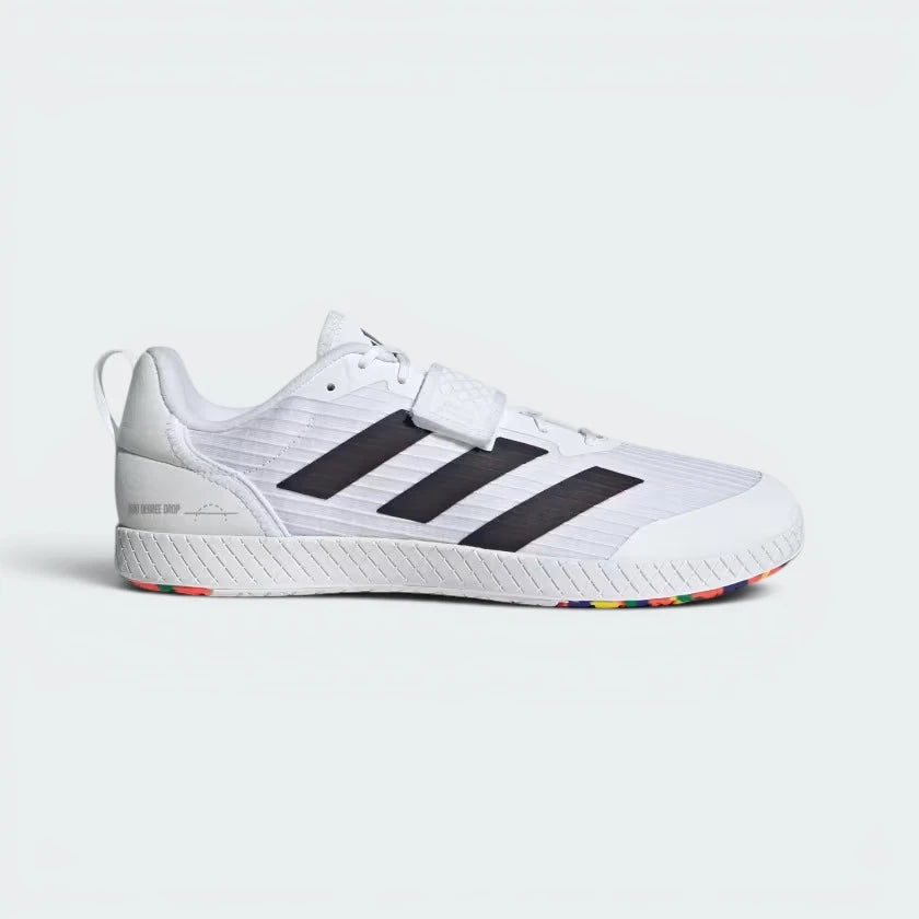 Highlights the high-velocity sweep of the Core Black 3-Stripes branding, showing the professional, clean texture of the Cloud White textile body, the broad hook-and-loop strap crossing the midfoot, and the completely flat, low-to-the-ground zero-drop profile line accented with Grey Two panels.