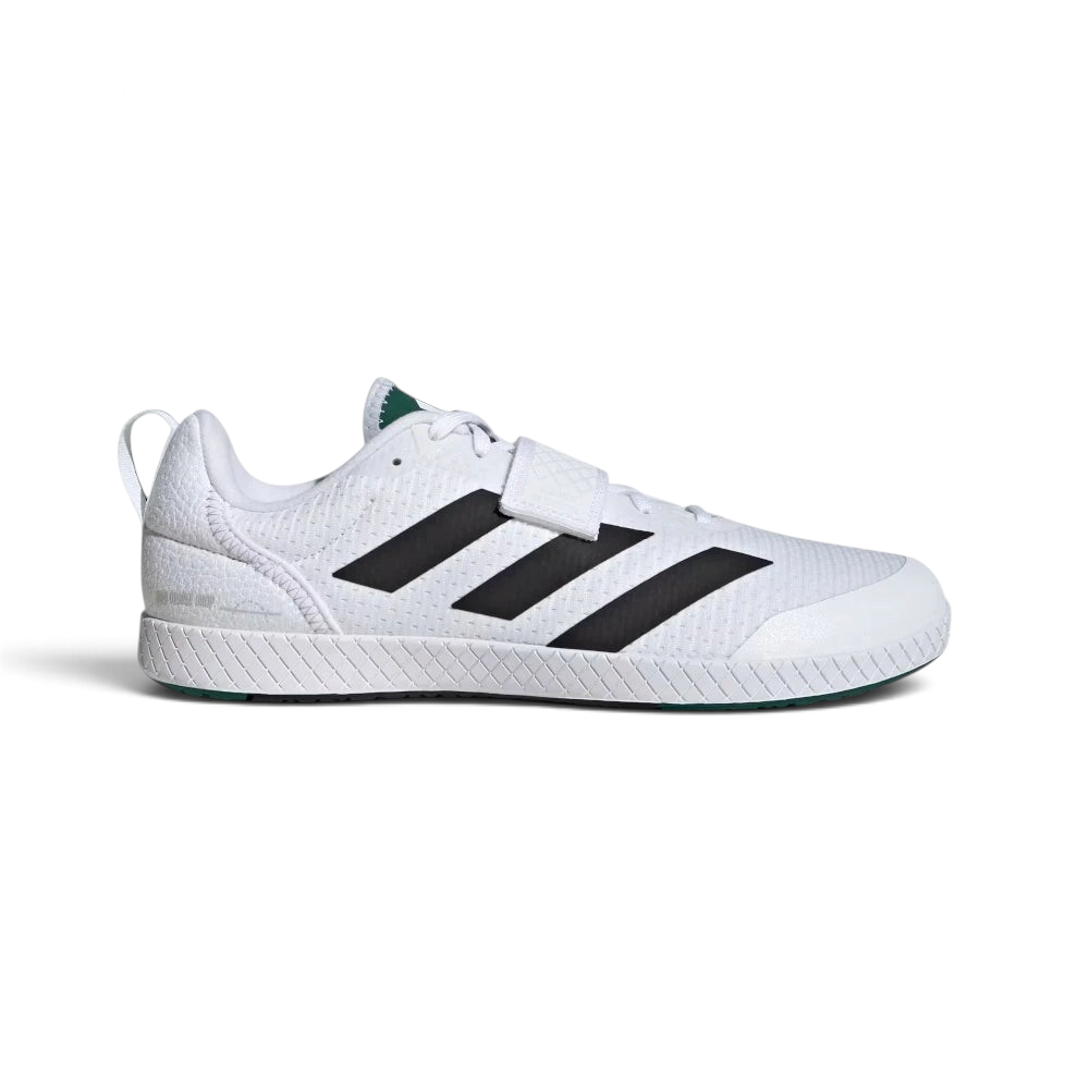 Highlights the high-velocity sweep of the Core Black 3-Stripes branding, showing the professional, clean texture of the Cloud White textile body, the broad hook-and-loop strap crossing the midfoot, and the completely flat, low-to-the-ground zero-drop profile line. Main image