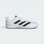 Highlights the high-velocity sweep of the Core Black 3-Stripes branding, showing the professional, clean texture of the Cloud White textile body, the broad hook-and-loop strap crossing the midfoot, and the completely flat, low-to-the-ground zero-drop profile line.