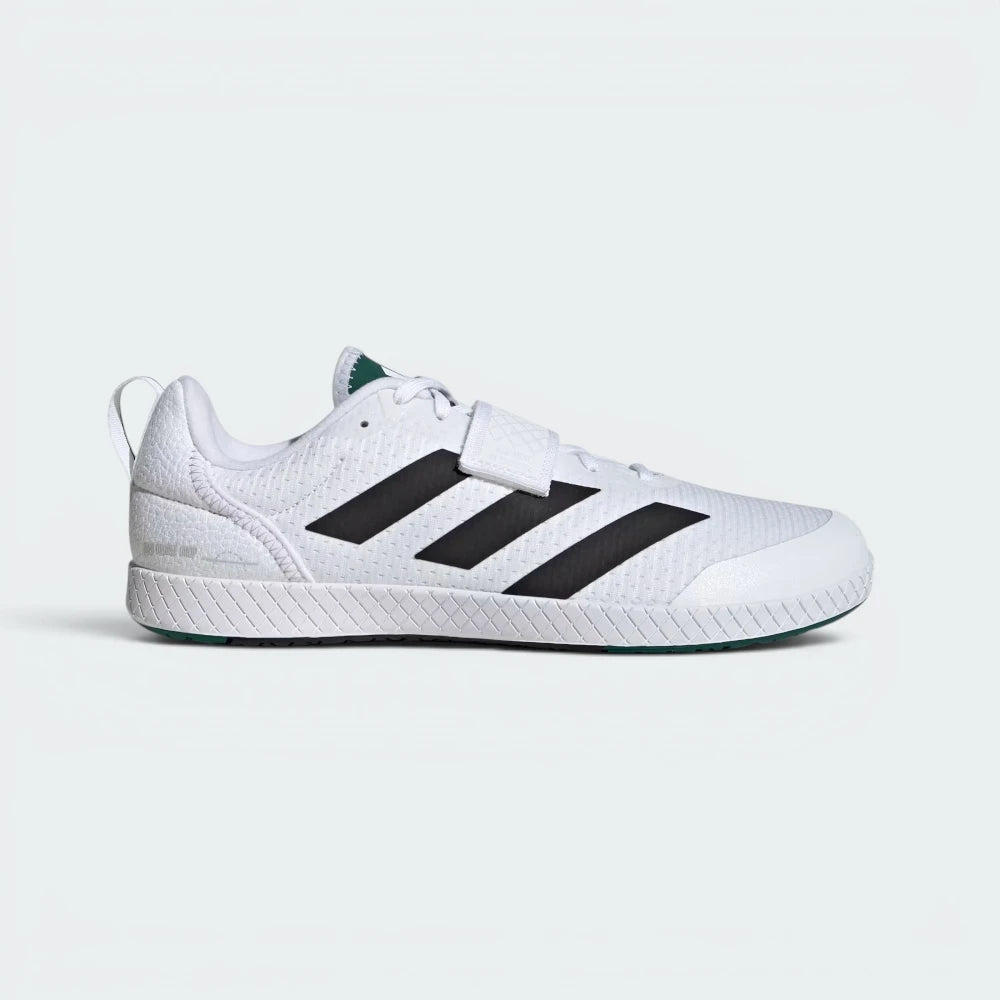 Highlights the high-velocity sweep of the Core Black 3-Stripes branding, showing the professional, clean texture of the Cloud White textile body, the broad hook-and-loop strap crossing the midfoot, and the completely flat, low-to-the-ground zero-drop profile line.