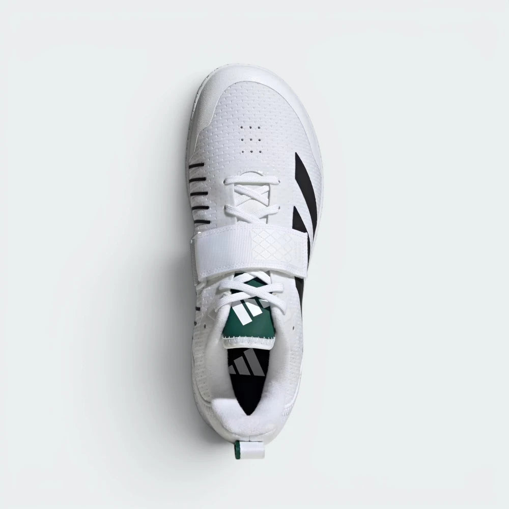 Focuses on the locked-in lace-and-strap combo layout, displaying the perfect symmetry of the white textile tongue, the broad black closure strap, and the distinctively wide, roomy shape of the front toe box matrix.