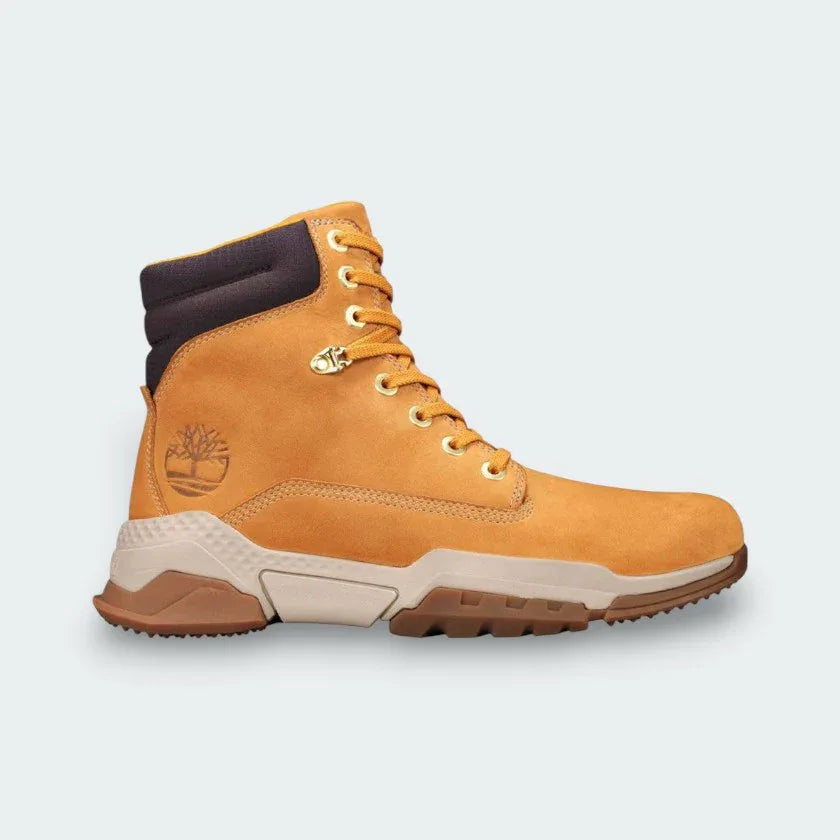 Timberland City Force 6 Inch Boots in wheat, side profile showing leather and fabric construction, lace-up design, and Timberland logo Main image