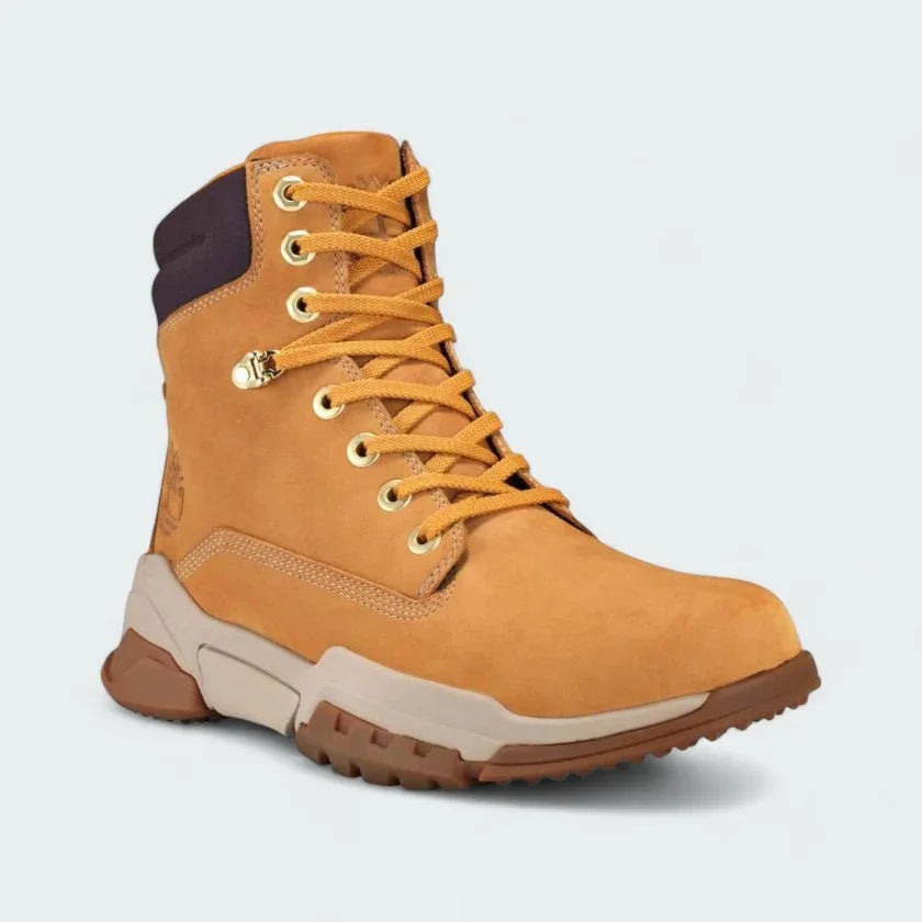 Angled view of two Timberland City Force 6 Inch Boots in wheat, side by side, showcasing their 6-inch height and urban style.