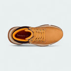 Top-down view of a pair of Timberland City Force 6 Inch Boots in wheat, highlighting the durable materials and rugged outsole