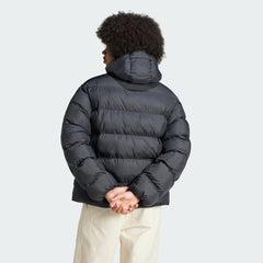 Adidas Tonal Hooded Puffer Jacket in black, back view showcasing the padded design and seamless construction.
