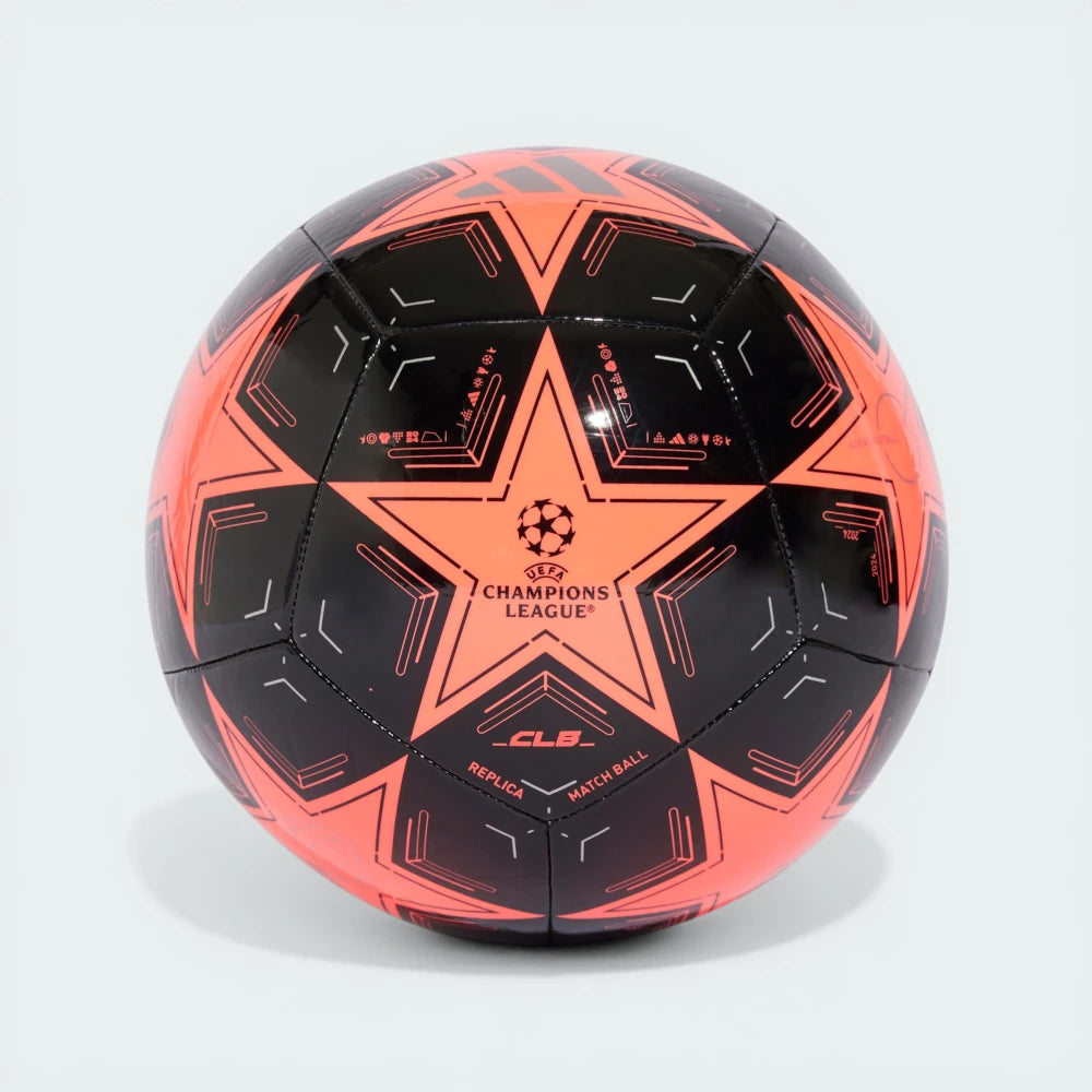 Side profile of the Turbo pink Adidas UCL Club ball, highlighting the Silver Metallic star panels and black accents.