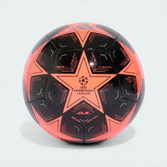 Side profile of the Turbo pink Adidas UCL Club ball, highlighting the Silver Metallic star panels and black accents.