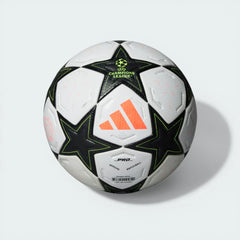 Side profile of the 24/25 UCL Pro ball, highlighting the iconic star panels and the Platinum Metallic accents.