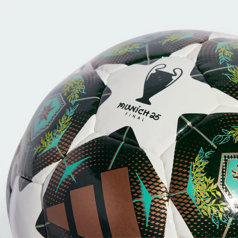 Highlighting the tight, durable seams of the hand-stitched panels and Munich 25 Final logo