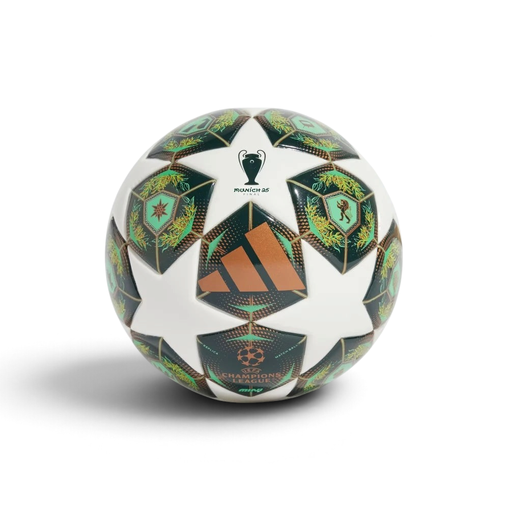 Focuses on a full front-facing dimensional view of the ball, highlighting the clean white star panels framing the large orange-bronze adidas Performance logo, the tournament trophy graphic, and the official printed logo. Main image