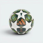 Focuses on a full front-facing dimensional view of the ball, highlighting the clean white star panels framing the large orange-bronze adidas Performance logo, the tournament trophy graphic, and the official printed logo.