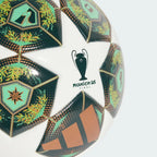 Highlights a close-up section focusing on the tournament trophy emblem, displaying the sharp "MUNICH 25 FINAL" text script set against a pristine white backdrop, surrounded by detailed green architectural and foliage panel prints.