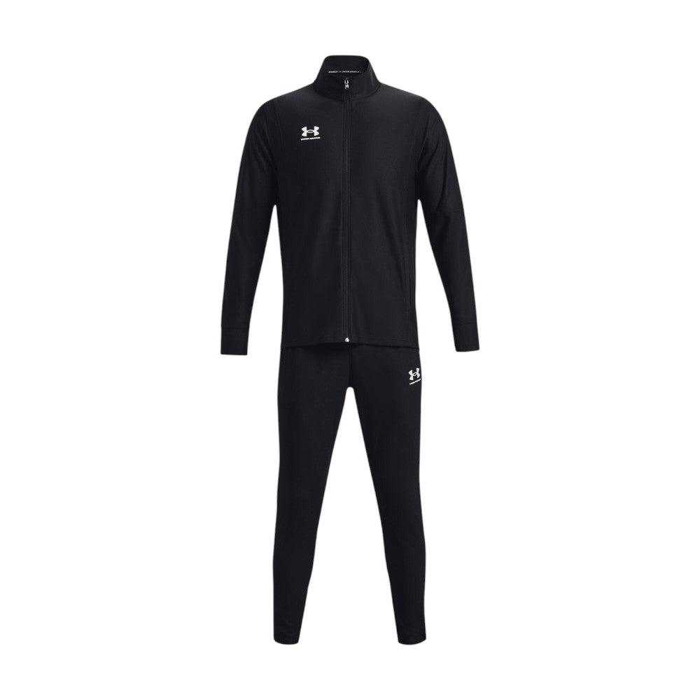 Displays the full two-piece black tracksuit set, showing the full-zip jacket with raised mock neck, white printed Under Armour chest logo, open hand pockets, matching tapered bottoms, and white Under Armour logo on the left thigh.