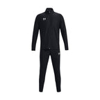 Displays the full two-piece black tracksuit set, showing the full-zip jacket with raised mock neck, white printed Under Armour chest logo, open hand pockets, matching tapered bottoms, and white Under Armour logo on the left thigh.