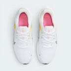 Focuses on the locked-in traditional lacing layout, displaying the perfect symmetry of the white mesh tongue, matching white laces, and the roomy, perforated mesh toe box area.