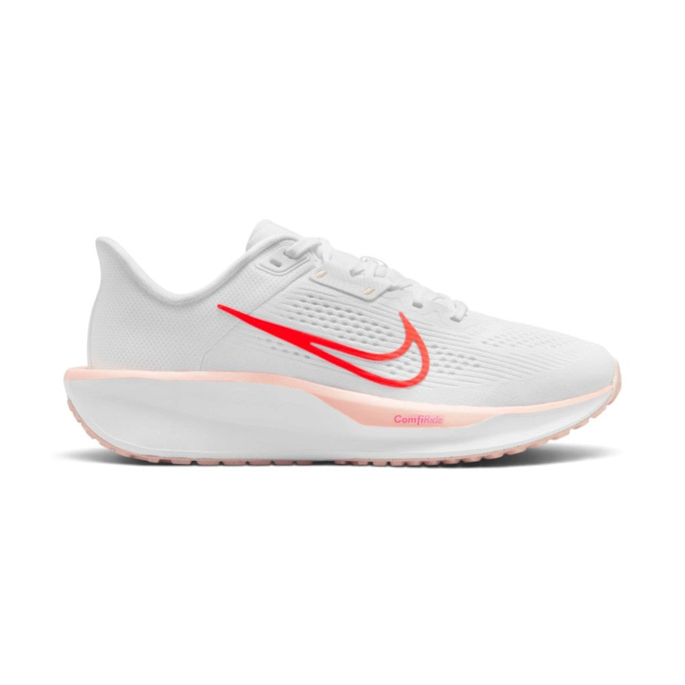 Highlights the lateral profile featuring a bold Bright Crimson Swoosh outlined in orange sweeping across the white mesh upper, Washed Coral midsole rim accent stamped with "ComfiRide", white foam midsole carrier, and a Washed Coral rubber outsole. Main image