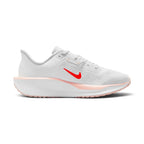 Highlights the inner profile displaying the matching white mesh upper, small Bright Crimson Swoosh on the midfoot panel, and the Washed Coral midsole border band.