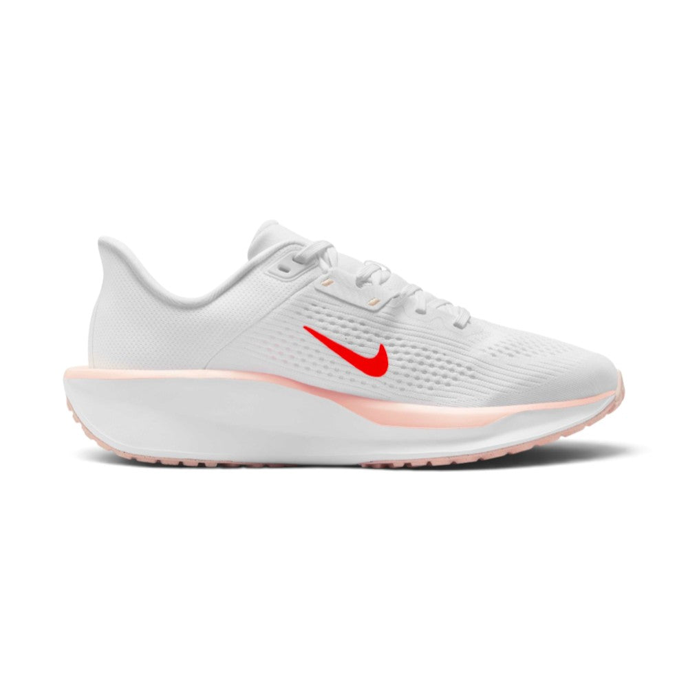 Highlights the inner profile displaying the matching white mesh upper, small Bright Crimson Swoosh on the midfoot panel, and the Washed Coral midsole border band.