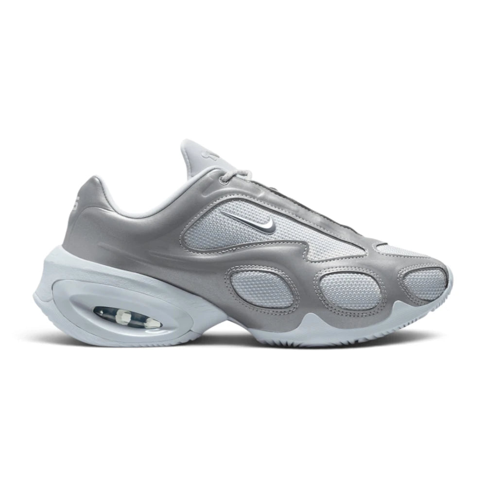 Highlights the futuristic lateral profile featuring an exaggerated high arch, rounded metallic silver synthetic overlays, Pure Platinum mesh pod inserts, a mini metallic silver Swoosh, and a sculpted white heel pod enclosing the visible Max Air cushioning unit.