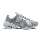 Highlights the futuristic lateral profile featuring an exaggerated high arch, rounded metallic silver synthetic overlays, Pure Platinum mesh pod inserts, a mini metallic silver Swoosh, and a sculpted white heel pod enclosing the visible Max Air cushioning unit.