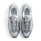 Focuses on the locked-in central lacing layout, displaying grey flecked laces, silver eyestay cages, Pure Platinum mesh toe boxes, and metallic silver tongue badges printed with the modern "aM" Air Max logo.
