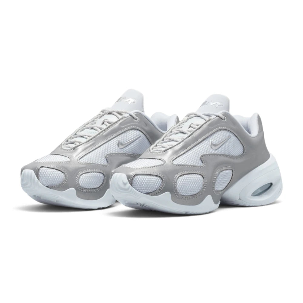 Emphasising the sculpted three-quarter stance of the shoes and the striking contrast between the smooth metallic silver overlays and breathable mesh underlays.