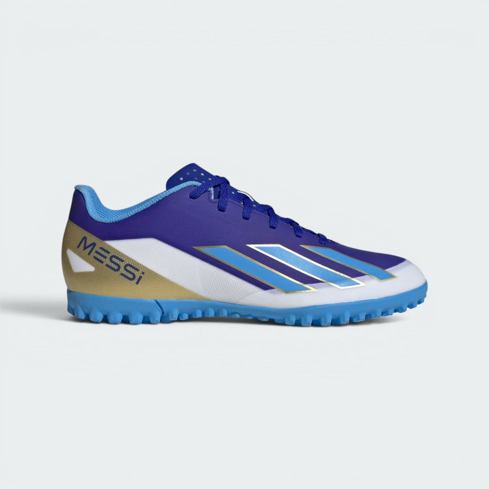 Highlights the high-velocity metallic adidas 3-Stripes slashing across the professional depth of the Lucid Blue coated upper.